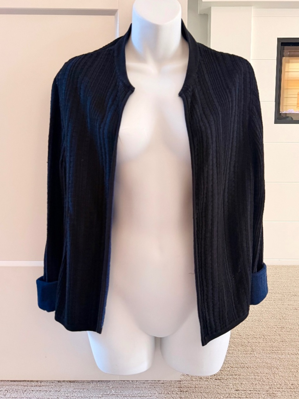 EILEEN FISHER Classic + Cool Knit Contrast Open Front Cardigan Sz M NEW $398